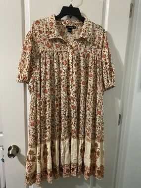 18 Centimeters Cream Floral Button-Front Dress with Pink and Brown Accents